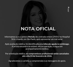 Melody vai parar no hospital e cancela agenda