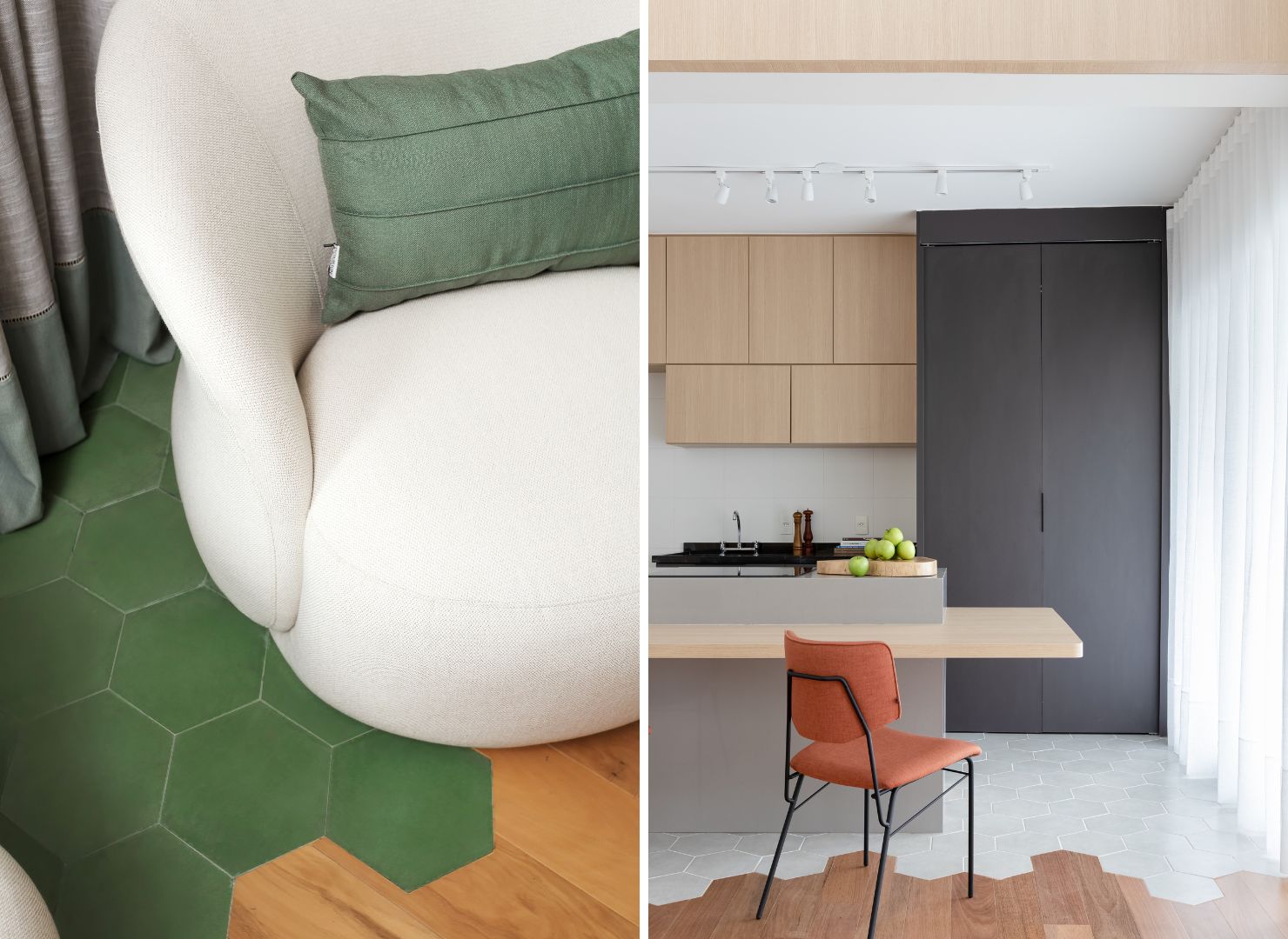 É inegável que a transição entre revestimentos aplicados no piso entrega uma composição completamente interessante e contemporânea. A bem da verdade, a expressividade estética dessa combinação já existe desde a arquitetura clássica como uma técnica que substitui a instalação das conhecidas soleiras largas que perderam espaço para a elegância dessa união.
"A junção entre dois revestimentos nos propicia a coesão visual dos projetos, além de demarcar o visual que planejamos para cada ambiente dentro de uma proposta de integração", afirma a arquiteta Juliana Faria.
Segundo ela, a implementação desse encontro é possível graças a evolução dos recursos que auxiliam na realização do acabamento, tornando esse detalhe construtivo praticamente imperceptível.
Para tanto, a profissional lança mão de perfis metálicos de baixíssima espessura e de diferentes formatos, bem como o alinhamento rigoroso das juntas com o objetivo de eliminar qualquer desnível. "O acabamento precisa ser extremamente delicado e são as características da obra que nos permite definir o elemento o item certo para cada situação", explica.
Assim, as soleiras de pedra, que antes acompanhavam a espessura das paredes e chegavam a medir até 20 cm de largura, praticamente desapareceram para dar lugar a uma leitura mais limpa dos espaços e uma circulação sem interrupções.
Cada revestimento tem sua função
Utilizar materiais diferentes continua sendo uma necessidade em muitos projetos. Cozinhas, lavanderias e varandas demandam pisos, como o porcelanato, com acabamentos seguros em função do contato com a água e gordura, enquanto salas e dormitórios podem contar com revestimentos mais aconchegantes, geralmente madeira ou vinílico.
Na concepção de Juliana, o desafio está em compatibilizar esses materiais com naturalidade. "Quando temos uma cozinha integrada ao living, essa conexão pode acontecer de maneira linear ou com paginações mais criativas, como acontece com ladrilhos ou os formatos hexagonais", comenta.
Ela também relaciona a delimitação de ambientes sem a criação de barreiras, como acontece nas propostas de integração. "Sem dúvidas a transição entre revestimentos corrobora na criação da identidade que idealizamos para cada cômodo, preservando a percepção de amplitude que buscamos quando optamos por esse conceito", opina a arquiteta.
Na execução deste apartamento duplex, a arquiteta Juliana Faria viabilizou a sinergia entre o piso cerâmico hexagonal cinza
especificado para a cozinha e o assoalho de madeira em réguas, que se prolonga para o estar | Fotos: Mônica Assan
A paginação escolhida influencia no resultado: enquanto alguns projetos adotam encontros lineares, outros exploram desenhos orgânicos que entregam uma encontro progressivo entre os revestimentos.
O acabamento começa no contrapiso
Experiente, a profissional ressalta e realça a importância de um planejamento técnico cuidadoso. "Quando revestimentos possuem espessuras diferentes, o contrapiso precisa ser preparado para que ambos terminem exatamente no mesmo nível", orienta.
O encontro entre o porcelanato e o vinílico exige o nivelamento do contrapiso para compensar as diferentes espessuras dos
revestimentos e garantir uma transição sem desníveis, explica a arquiteta Juliana Faria | Fotos: Divulgação
Em um dos projetos do escritório, Juliana utilizou piso vinílico na área social e revestimento cerâmico na cozinha sem qualquer perfil aparente entre eles. O acabamento evidencia a precisão da execução.
"O porcelanato instalado com argamassa pode atingir cerca de dois centímetros de espessura, enquanto o piso vinílico tem apenas dois ou três milímetros. Por isso, é necessário calibrar o contrapiso durante a execução para que ambos terminem perfeitamente nivelados", recomenda.
No espaço da varanda integrada ao dormitório, a arquiteta Juliana Faria escolheu a associação entre o ladrilho hidráulico hexagonal
e o assoalho de madeira. O encontro nivelado entre os materiais dispensa soleiras aparentes | Fotos: Gustavo Awad
A compatibilização entre os pisos considera fatores como o uso do ambiente, o comportamento dos materiais e a existência de diferenças de altura entre os revestimentos.
Os perfis de inox, por exemplo, protegem as bordas da madeira durante a instalação, reduzem o contato com a umidade da argamassa e oferecem acabamento quando há pequenos desníveis.
Sobre a arquiteta Juliana Faria
Juliana é arquiteta com sólida experiência em projetos de arquitetura de interiores. Depois de uma carreira no mundo corporativo, em 2026 completa 8 anos à frente do seu escritório. Nas reformas empreendidas, apresenta seu olhar apurado para composição, materiais e funcionalidade, aliado a uma habilidade natural de comunicação que faz seus clientes se sentirem ouvidos e seguros ao longo de todo o processo. Sua abordagem combina rigor técnico com sensibilidade humana — o resultado são espaços que não apenas impressionam visualmente, mas que fazem sentido para quem os habita.