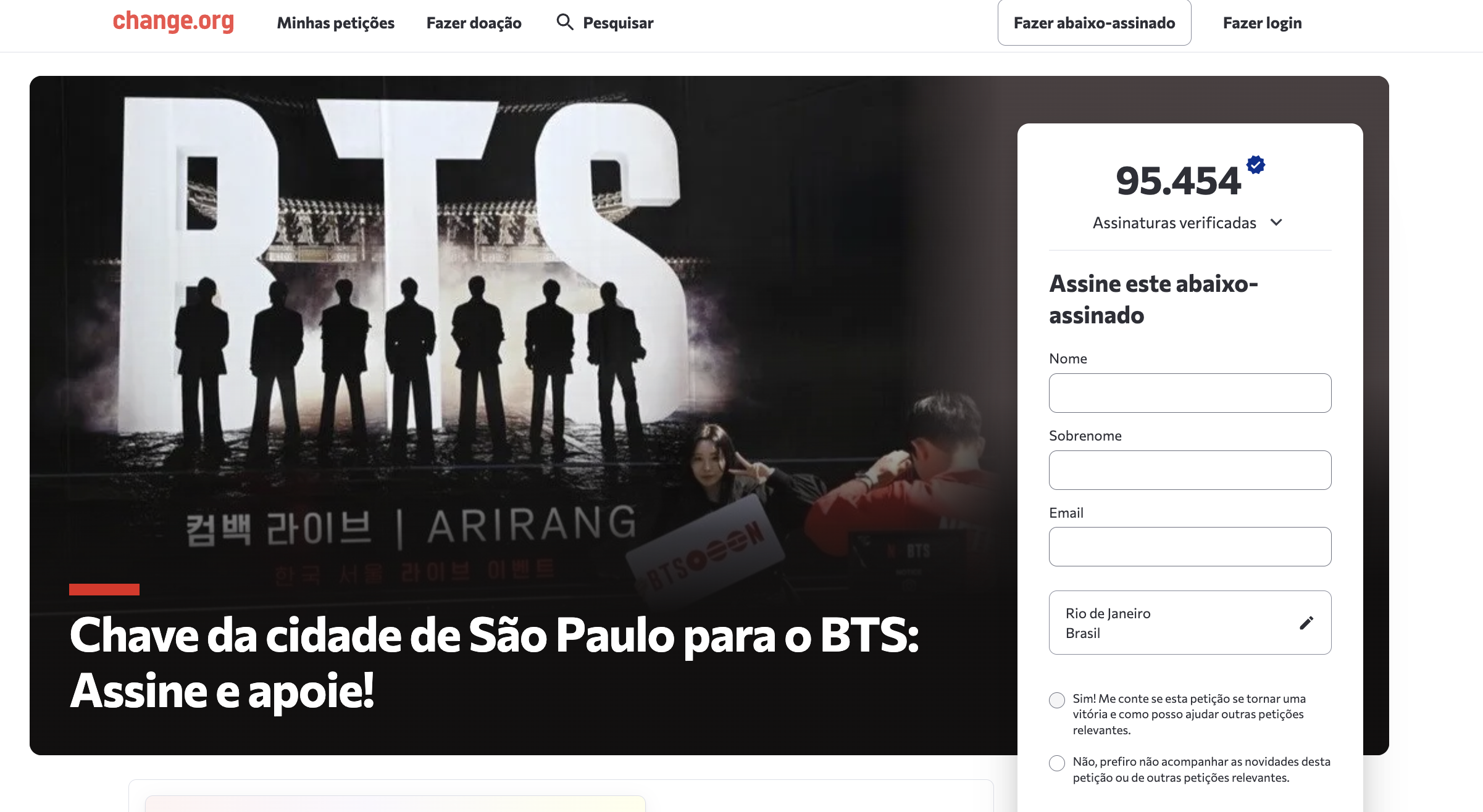 Petição pela Chave da Cidade de SP ao BTS ganha 80 mil assinaturas em um dia