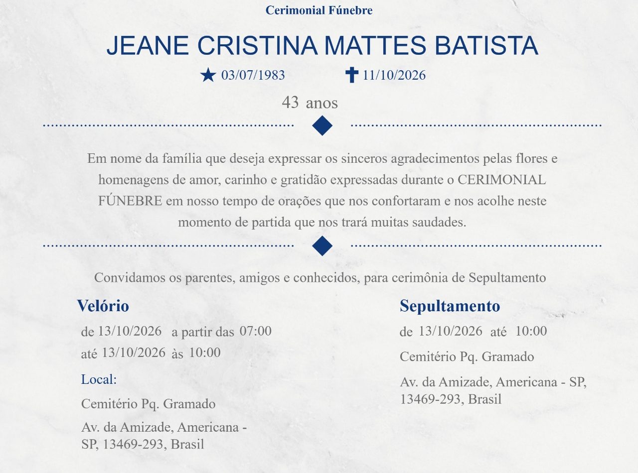 Jeane, vítima de feminicídio em Americana, será velada e sepultada terça